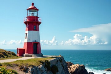 Obraz premium weathered wooden lighthouse standing alone on rocky coast, wave, tree