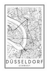 Hand drawn printable downtown road map poster of the German city of DÜSSELDORF on solid white background with city name