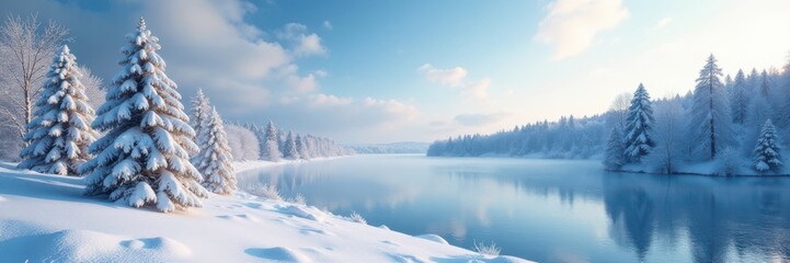Fototapeta premium Winter wonderland landscape with snow-covered trees and frozen lake, snow, frost