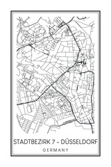 Hand drawn printable downtown road map poster of borough STADTBEZIRK 7 of the German city of DÜSSELDORF on solid white background with city name