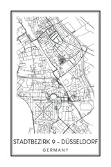 Obraz premium Hand drawn printable downtown road map poster of borough STADTBEZIRK 9 of the German city of DÜSSELDORF on solid white background with city name