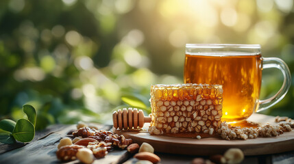 A glass of tea and nuts with honey on the table in sunlight. Traditional Egyptian Sfiha, a sweet caramel bar made from jaggery, halwa or strained rice, a gorgeous golden khebz
