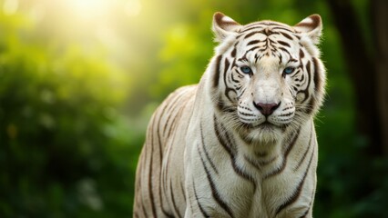 Fototapeta premium A majestic white tiger stares intently, surrounded by lush green foliage.