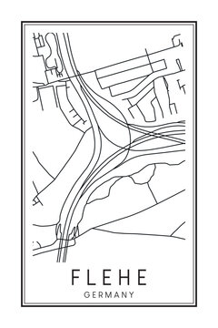 Hand drawn printable downtown road map poster of borough FLEHE of the German city of D&Uuml;SSELDORF on solid white background with city name