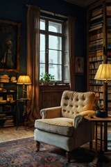 A cozy living room with a large window and a tan chair