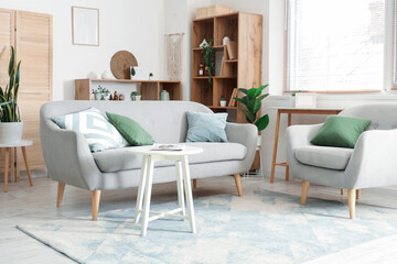 Interior of living room with sofa, armchair and shelf units