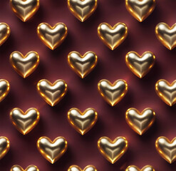 Fototapeta premium Elegant seamless pattern featuring 3D golden hearts with a metallic texture on a deep burgundy background. Perfect for romantic, festive, or luxurious-themed design projects