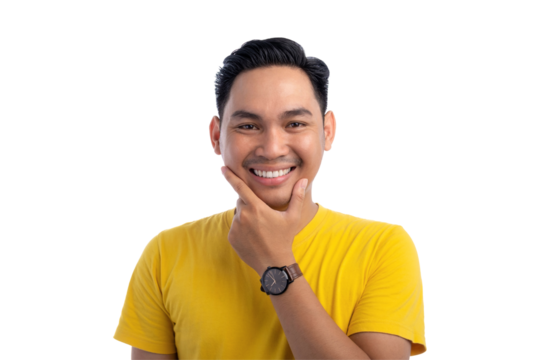 Closeup of handsome Asian man touching his chin and smiling isolated on transparent background