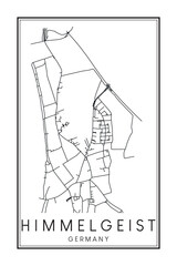 Hand drawn printable downtown road map poster of borough HIMMELGEIST of the German city of DÜSSELDORF on solid white background with city name