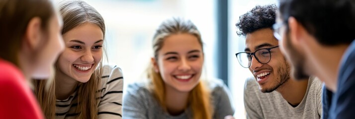 Group of young adults smiling and interacting in a bright