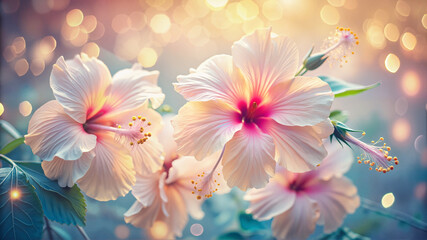 Soft focus pastel hibiscus flowers with bokeh lights