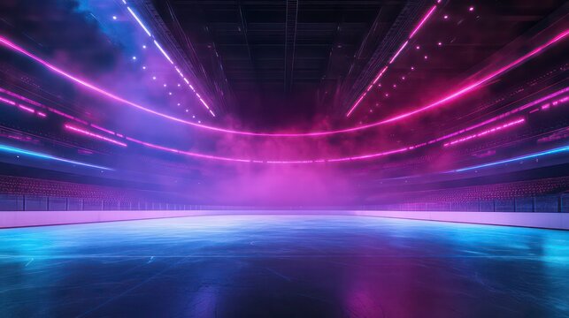 Futuristic arena with neon lights, smoke. Stylish ice rink. Amazing winter hockey event scene. Impressive tech. Pro sport atmosphere. Ice skating. Great for winter poster event promo. Arena