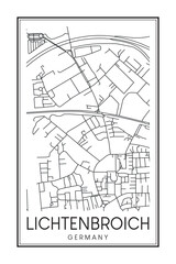 Hand drawn printable downtown road map poster of borough LICHTENBROICH of the German city of DÜSSELDORF on solid white background with city name