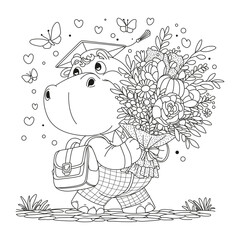 Naklejka premium Cute hippopotamus walking with school backpack and bouquet of flowers. Coloring page. Black and white image for coloring.