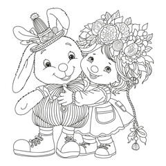 Cute girl in a suit hugs a toy bunny in a hat and boots. Coloring page. Black and white illustration for coloring.