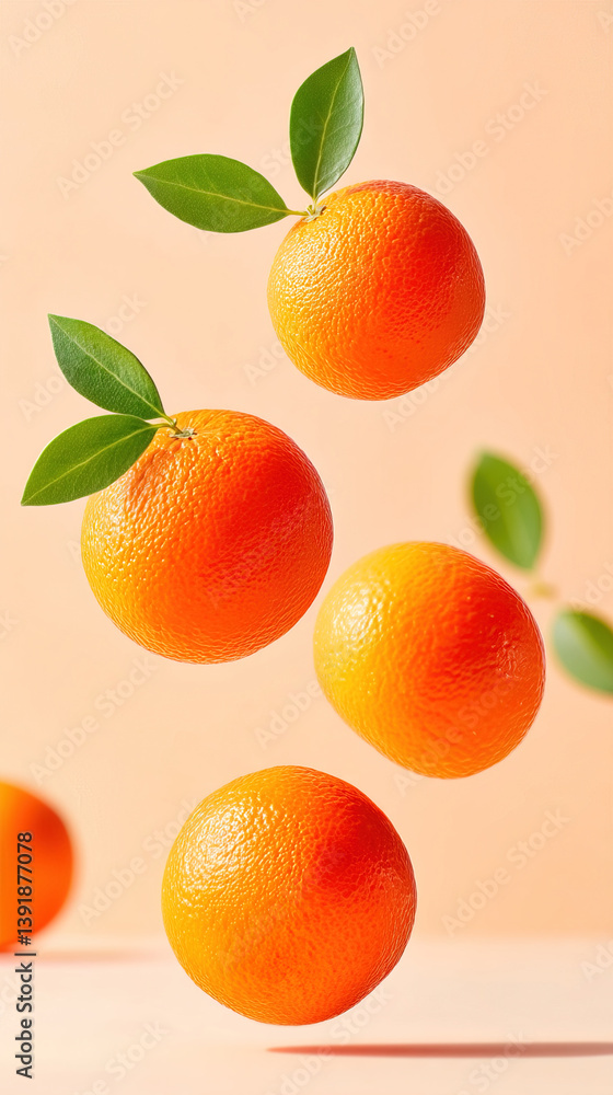 Poster floating oranges in serene studio setting with soft lighting