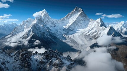Obraz premium Experience the stunning aerial perspective of the Himalayas, where towering snow-covered peaks rise against a vibrant blue sky