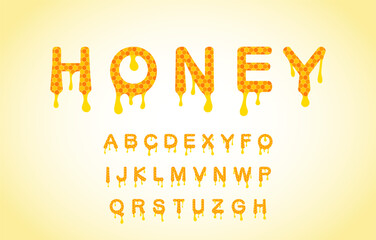 Honey dripped font collection. Vector english alphabet set. Melted honeycomb letter effect.