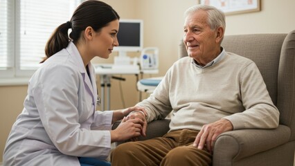 Obraz premium A doctor consoles an elderly patient during a visit in a calming medical office