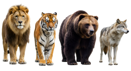 A lion, tiger, bear, and wolf standing next to each other on black