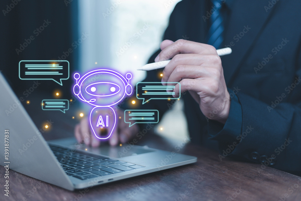 Poster  Using AI chat in search and giving  to help in business has technology, to create computer concepts with robots as new digital software
