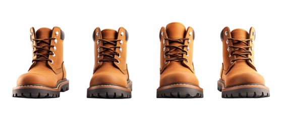 Pack of Leather Work Boots set of Five Different Poses set Against Transparent Background for Footwear, Fashion, or Work Gear Promotion Projects