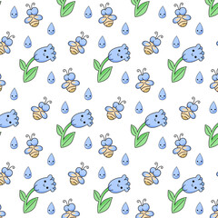 seamless pattern cute baby spring motif with flower, fly, butterfly, leaf, drop