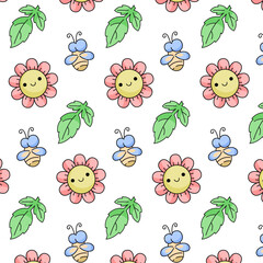 seamless pattern cute baby spring motif with flower, fly, butterfly, leaf
