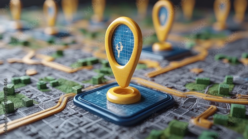 Poster navigation system: a 3d render of location pins on a detailed map