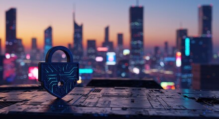 Cybersecurity in the Metropolis: A Futuristic Digital Lock Protecting a Modern Cityscape at Sunset