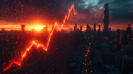 Fototapeta premium A shattered glass graph trending downward over a city skyline, symbolizing economic decline and lost consumer confidence