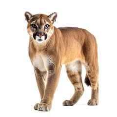 Naklejka premium A powerful cougar stares intensely, showcasing its majestic presence. The detailed fur texture and powerful stance are captivating. Isolated on white for impact.