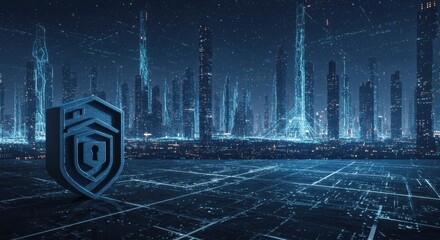 Futuristic Cityscape with Digital Security Shield: Smart Home Protection in a Neon Metropolis