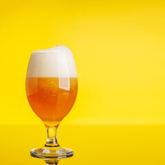 A frothy glass of fresh beer against a bright yellow background