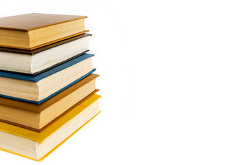 stack large pile of printed literary old books lies on table, book covers and pages for study, book...