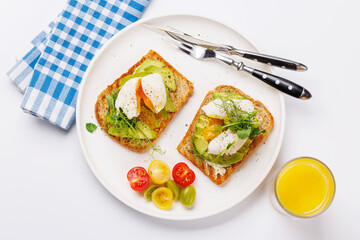 Delicious avocado toasts topped with perfectly cooked poached eggs