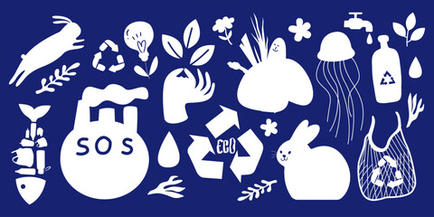 Abstract environment day trendy badges. Hand drawn eco life illustration. Graphic doodle minimalist retro icons. Ecology sticker design collection