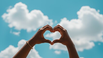 Dark-skinned hands make a heart shape against a blue sky with white clouds.