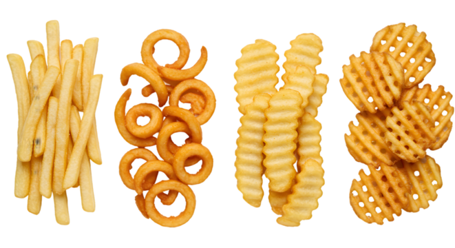 Varieties of french fries including curly waffle and regular cut fries