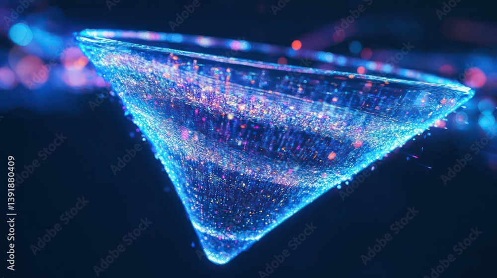 Poster digital funnel visualizes data flow. big data processing shown as information flowing through funnel