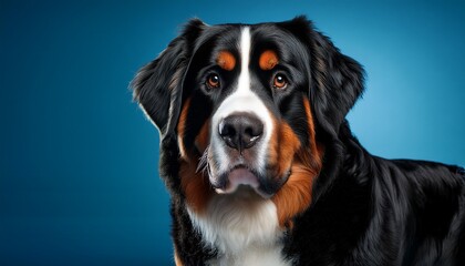 バーニーズ・マウンテン・ドッグがネイビーブルーの背景で堂々と立ち、力強さと黒毛がシンプルな背景で際立つ存在感を放つ