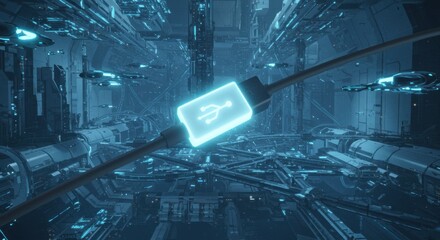 Futuristic USB Cable Connects to a Glowing Sci-Fi Cityscape: Digital Data Transfer in a Technological Metropolis