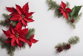 christmas branch berry text white frame poinsettia lay flower red view background top flat space decoration tree decorate card fir congratulation holiday beautiful happy glistering greeting holly