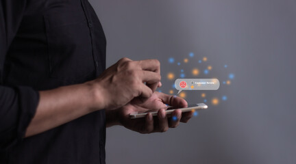Customer Review, Young man hand holding smartphone to review and gives 1 star, with poor service results, Bad review Rated just 1 star Feedback options