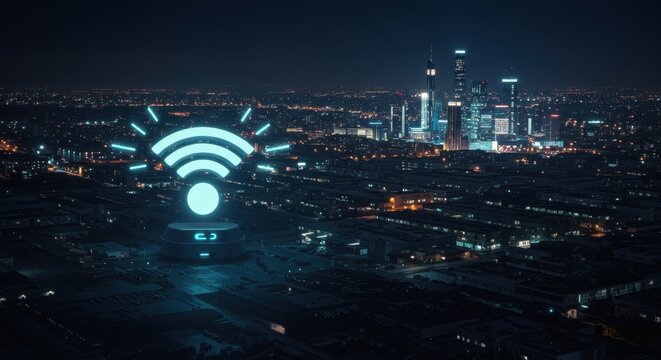 Night Cityscape with Glowing Wifi Symbol: A Futuristic Digital Metropolis at Night