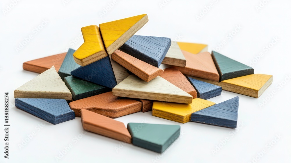 Poster colorful wooden puzzle pieces form partially completed geometric shape puzzle on white background. i