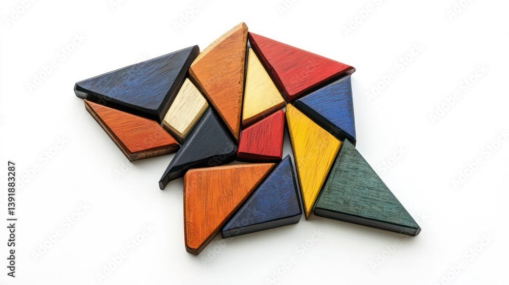 Poster colorful wooden puzzle pieces form partially completed geometric shape puzzle on white background. i