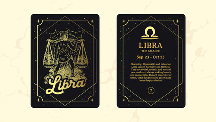 Libra Zodiac Sign Card &ndash; Elegant Line Art of The Scales with Celestial Balance &ndash; Vintage Astrology & Tarot-Inspired Artwork
