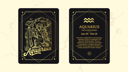 Aquarius Zodiac Sign Card–Ethereal Line Art of The Water Bearer with Celestial Waves Mystical Astrology and Horoscope Illustration