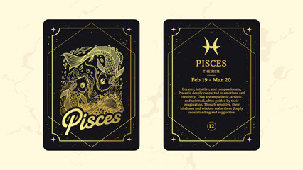 Pisces Zodiac Sign Card–Dreamy Line Art of The Fish with Flowing Cosmic Water Artistic Astrology and Horoscope Illustration